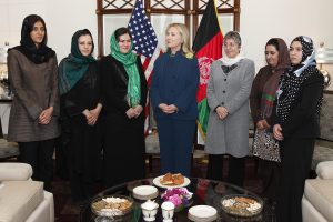 U.S. Secretary of State Hillary Rodham Clinton meets with female Afghan civil society leaders at the U.S. Embassy in Kabul, Afghanistan, on Thursday, October 20, 2011. (S.K. Vemmer/Department of State)